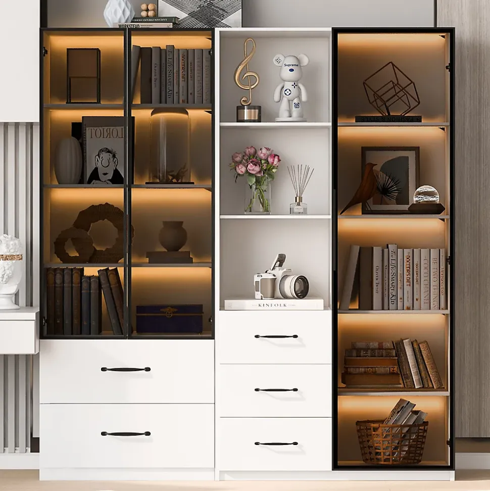Vitrine en verre 140x40x160 cm - Avec éclairage LED - 3 portes vitrées et 5 tiroirs - Avec étagères ouvertes -Blanc