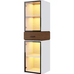 Vitrine en verre 40x40x200 cm - Avec éclairage LED - 2 portes vitrées et 1 tiroir - MDF+verre - Blanc