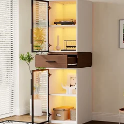 Vitrine en verre 40x40x200 cm - Avec éclairage LED - 2 portes vitrées et 1 tiroir - MDF+verre - Blanc