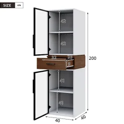 Vitrine en verre 40x40x200 cm - Avec éclairage LED - 2 portes vitrées et 1 tiroir - MDF+verre - Blanc