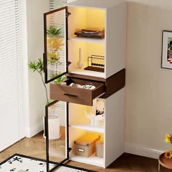 Vitrine en verre 40x40x200 cm - Avec éclairage LED - 2 portes vitrées et 1 tiroir - MDF+verre - Blanc