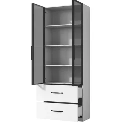 Vitrine en verre 60x40x160 cm - Avec éclairage LED - 2 portes vitrées et 2 tiroirs - Structure en alliage d'aluminium - Blanc