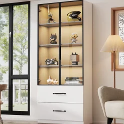 Vitrine en verre 60x40x160 cm - Avec éclairage LED - 2 portes vitrées et 2 tiroirs - Structure en alliage d'aluminium - Blanc