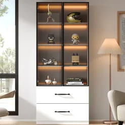 Vitrine en verre 60x40x160 cm - Avec éclairage LED - 2 portes vitrées et 2 tiroirs - Structure en alliage d'aluminium - Blanc