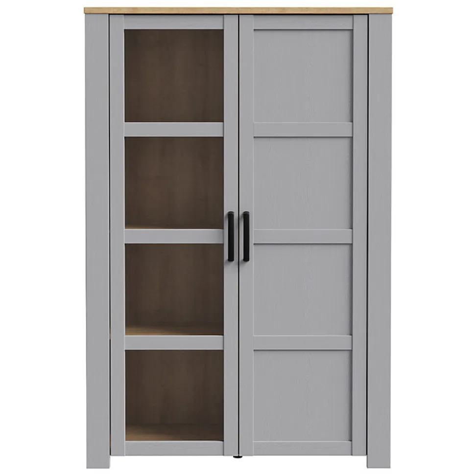Vitrine H161 cm décor chêne et gris clair avec poignées noir - ANTIBES