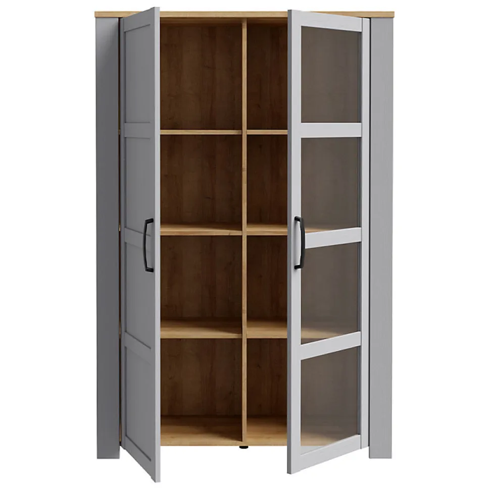 Vitrine H161 cm décor chêne et gris clair avec poignées noir - ANTIBES
