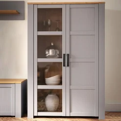 Vitrine H161 cm décor chêne et gris clair avec poignées noir - ANTIBES