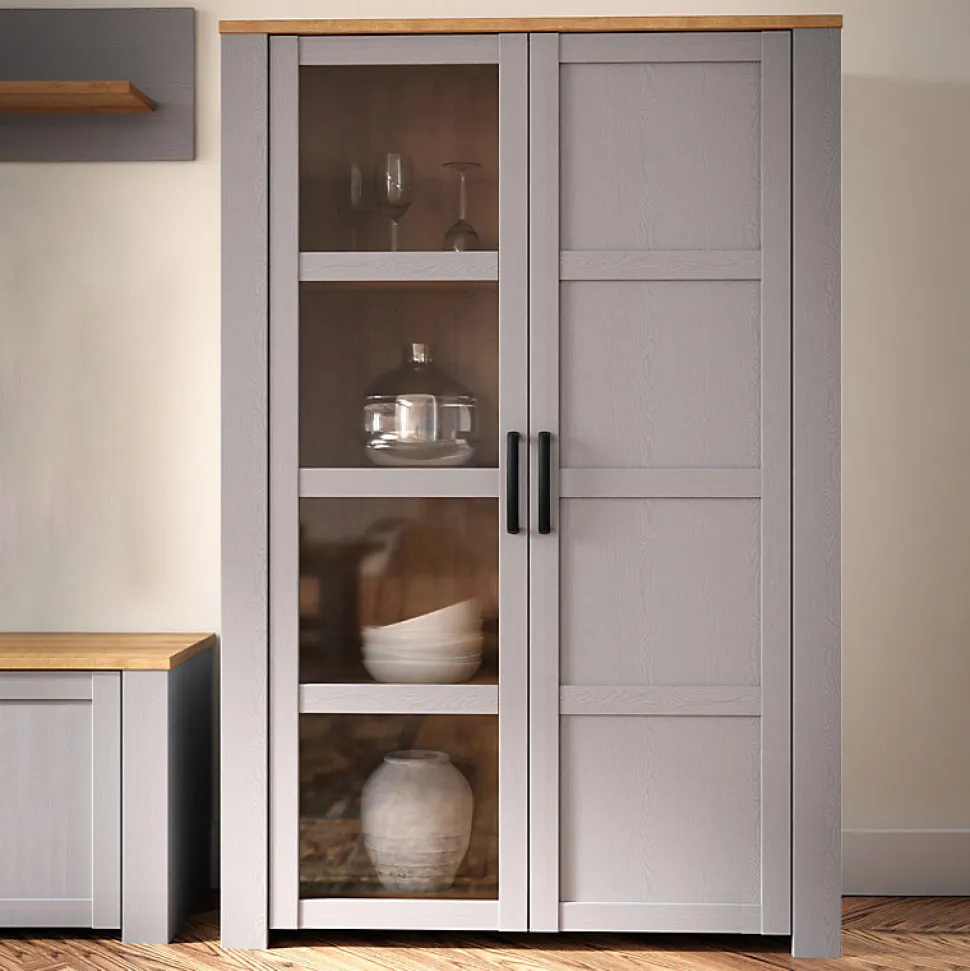 Vitrine H161 cm décor chêne et gris clair avec poignées noir - ANTIBES