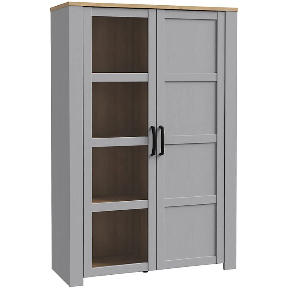 Vitrine H161 cm décor chêne et gris clair avec poignées noir - ANTIBES