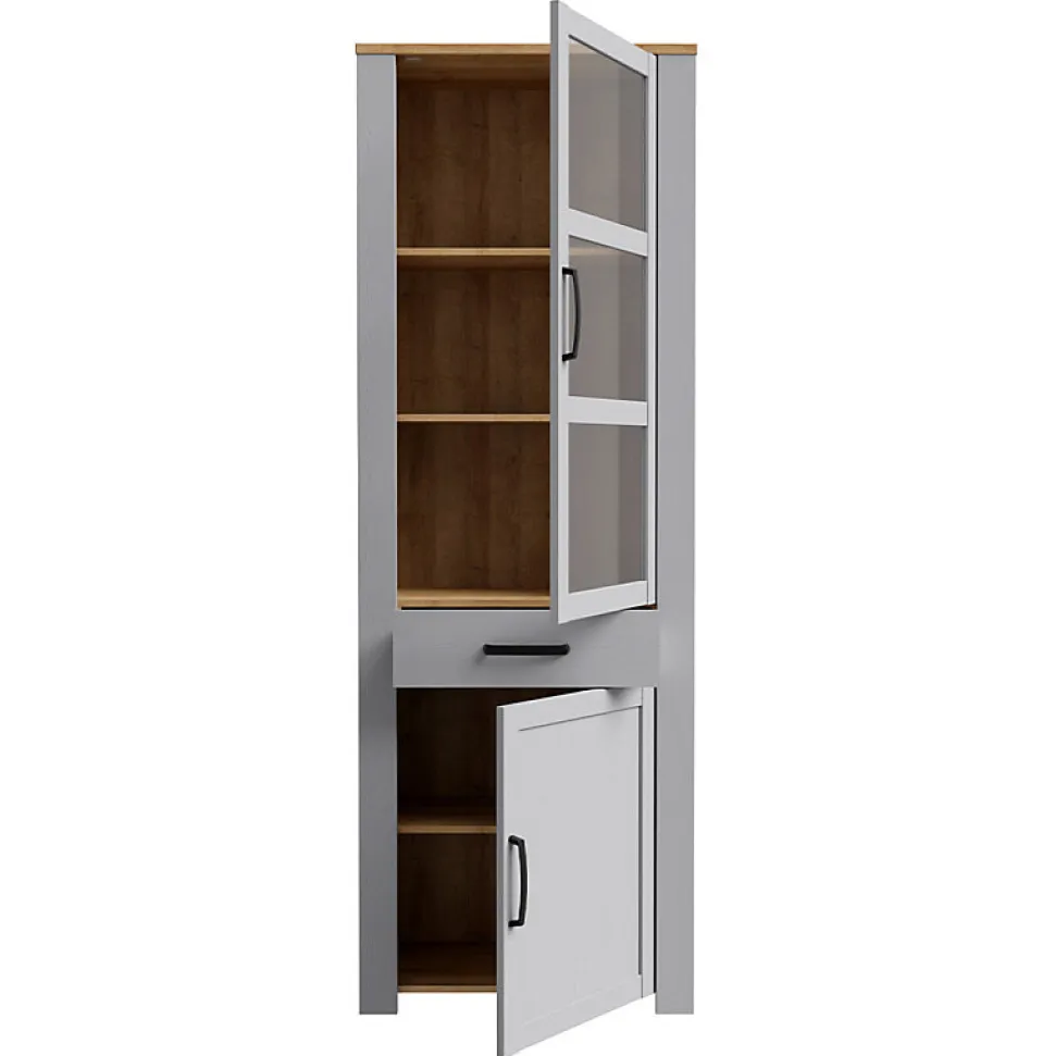 Vitrine H205 cm décor chêne et gris clair avec poignées noir - ANTIBES