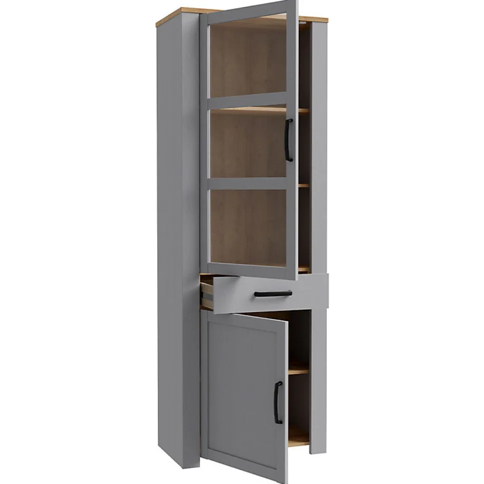 Vitrine H205 cm décor chêne et gris clair avec poignées noir - ANTIBES
