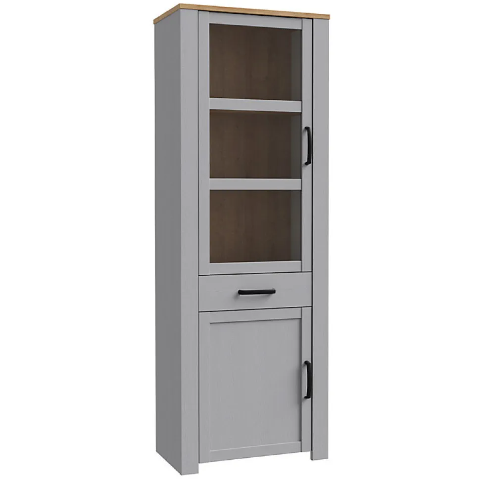 Vitrine H205 cm décor chêne et gris clair avec poignées noir - ANTIBES