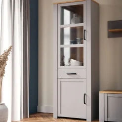 Vitrine H205 cm décor chêne et gris clair avec poignées noir - ANTIBES