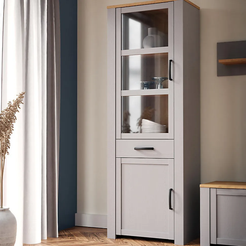 Vitrine H205 cm décor chêne et gris clair avec poignées noir - ANTIBES