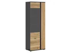 Vitrine haute à 3 portes et décor lamelles,coloris Chêne/Noir - Longueur 70 x Profondeur 39,5 x Hauteur 196 cm