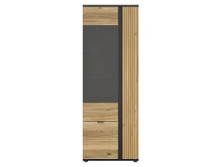 Vitrine haute à 3 portes et décor lamelles,coloris Chêne/Noir - Longueur 70 x Profondeur 39,5 x Hauteur 196 cm