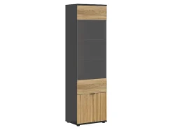 Vitrine haute à 2 portes et décor lamelles,coloris Chêne/Noir - Longueur 57 x Profondeur 39,5 x Hauteur 196 cm