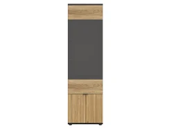 Vitrine haute à 2 portes et décor lamelles,coloris Chêne/Noir - Longueur 57 x Profondeur 39,5 x Hauteur 196 cm