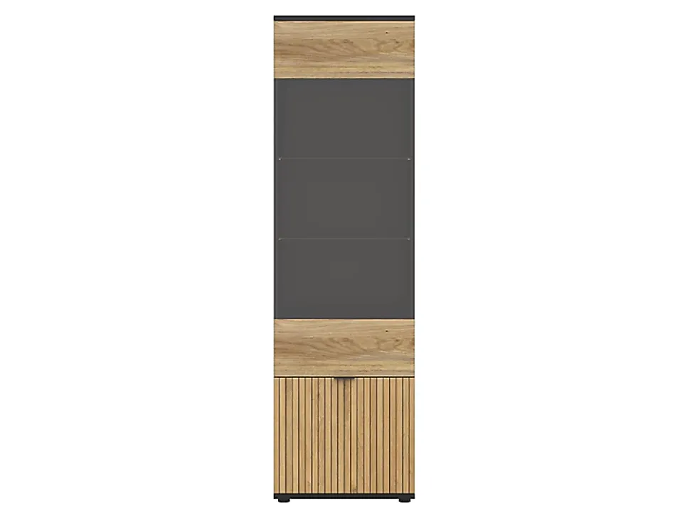 Vitrine haute à 2 portes et décor lamelles,coloris Chêne/Noir - Longueur 57 x Profondeur 39,5 x Hauteur 196 cm