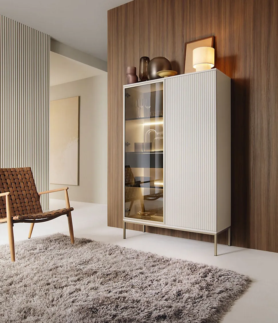 Vitrine haute 104 cm 2 portes éclairage LED grège TOSENA