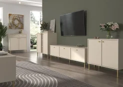 Vitrine haute 2 porte 52 cm beige avec pieds dorés OKTIO