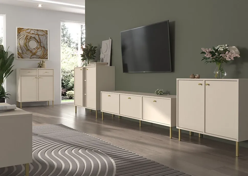Vitrine haute 2 porte 52 cm beige avec pieds dorés OKTIO
