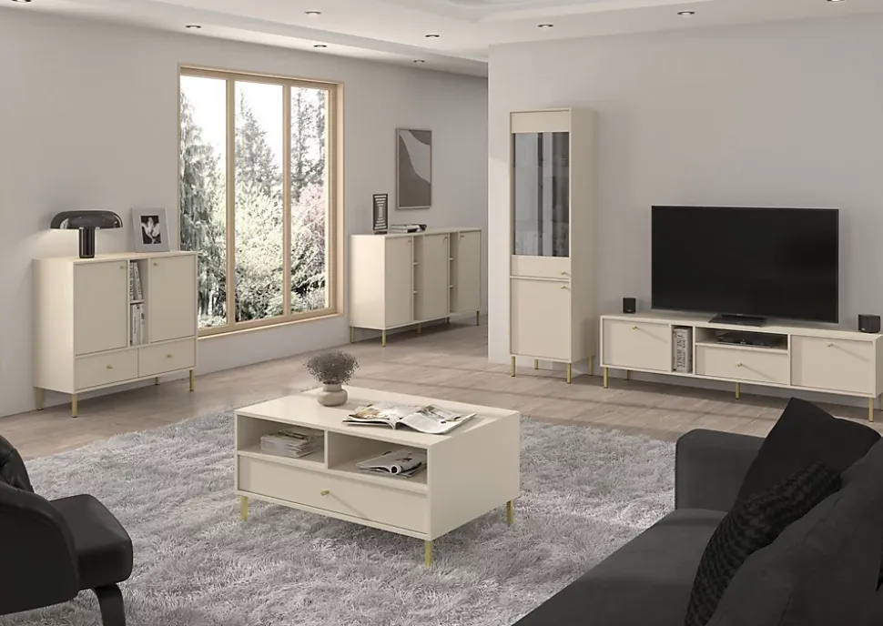 Vitrine haute 2 porte 52 cm beige avec pieds dorés OKTIO