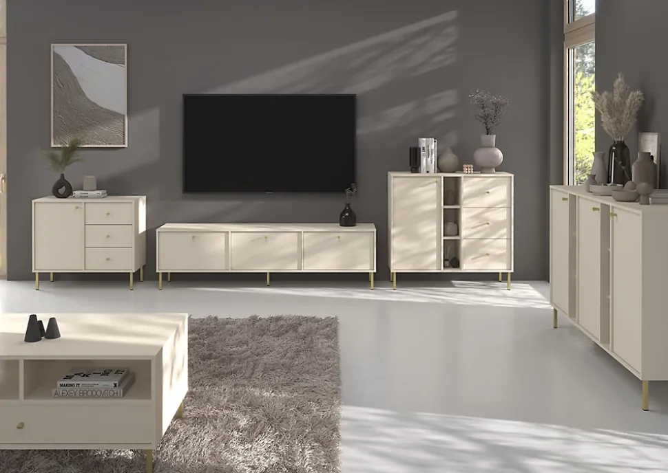 Vitrine haute 2 porte 52 cm beige avec pieds dorés OKTIO