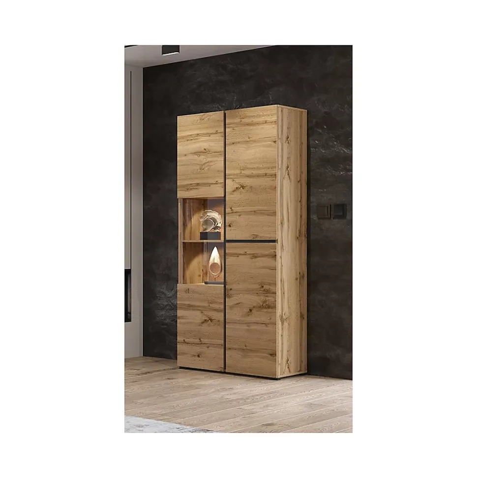 Vitrine haute 2 portes collection HAVANA. Coloris chene et noir.