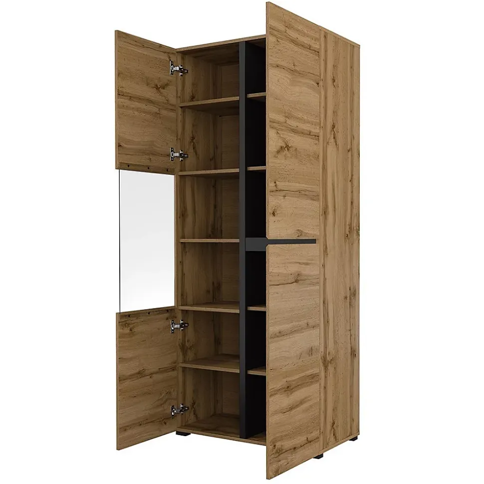 Vitrine haute 2 portes collection HAVANA. Coloris chene et noir.