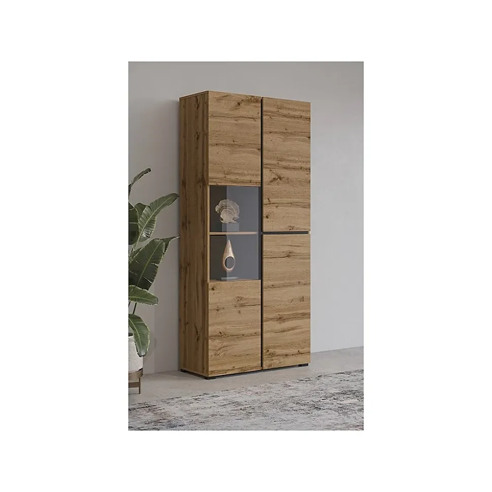 Vitrine haute 2 portes collection HAVANA. Coloris chene et noir.