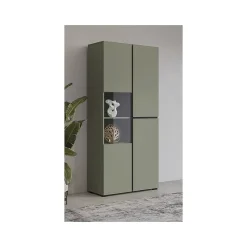 Vitrine haute 2 portes collection HAVANA avec LED intégrée. Coloris sauge et noir.