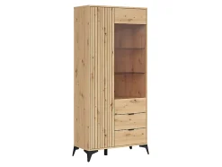 Vitrine haute avec 2 portes et 2 tiroirs,coloris Chêne artisan - Longueur 90 x Profondeur 41 x Hauteur 197 cm