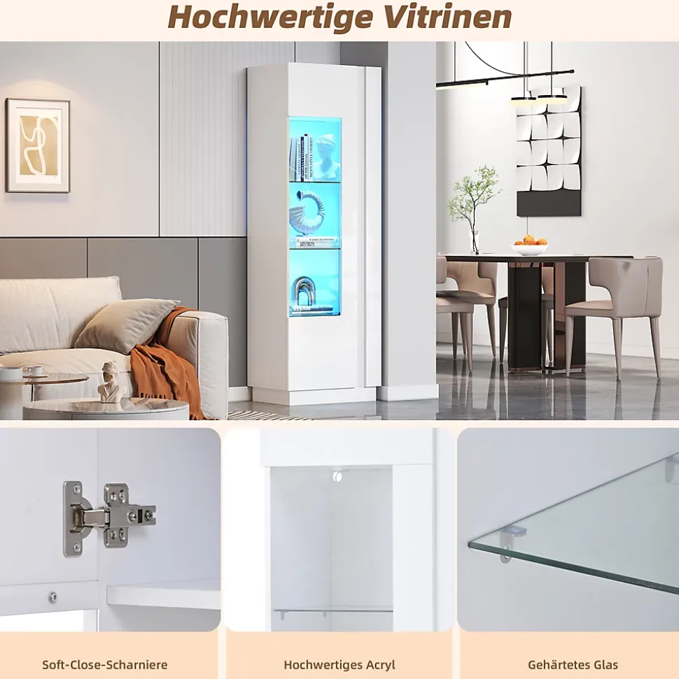 Vitrine Haute avec Éclairage LED Blanc Brillant, Moderne avec 3 Étages en Verre et 5 Espaces de Rangement, Blanc, 60x40x180 cm