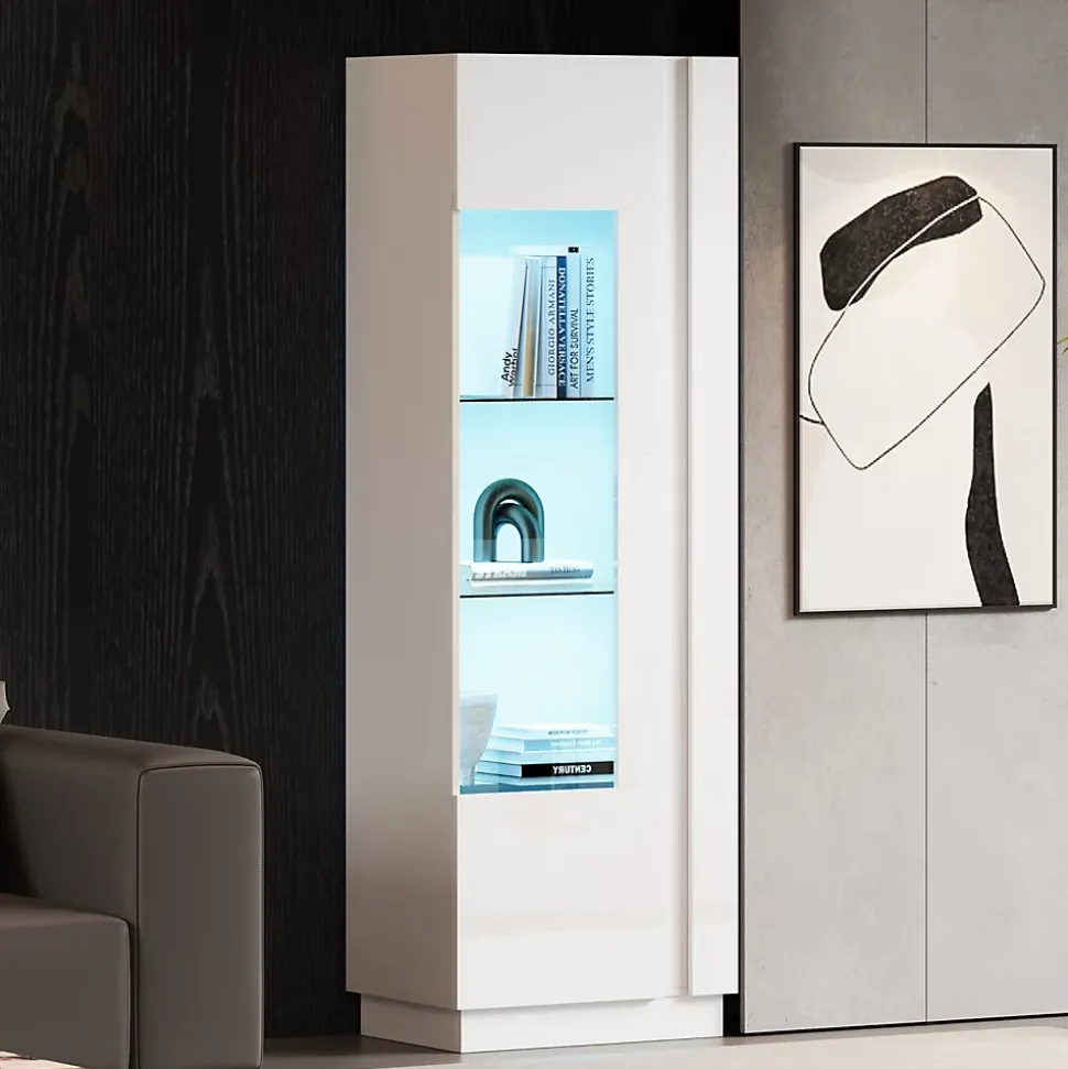 Vitrine Haute avec Éclairage LED Blanc Brillant, Moderne avec 3 Étages en Verre et 5 Espaces de Rangement, Blanc, 60x40x180 cm