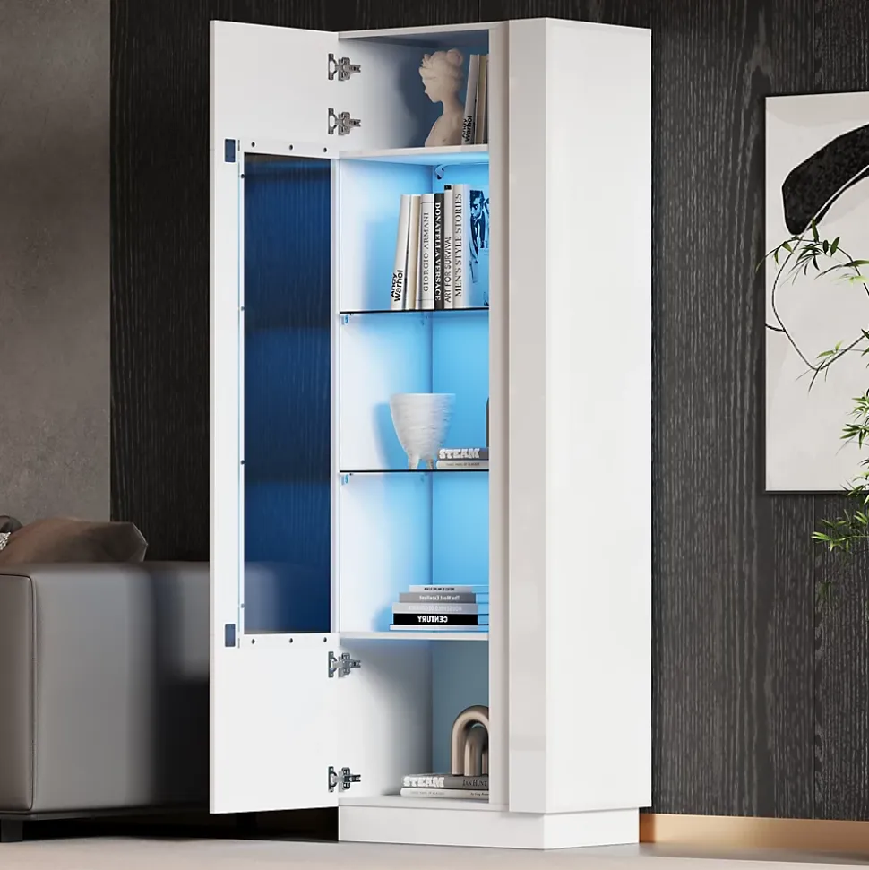 Vitrine Haute avec Éclairage LED Blanc Brillant, Moderne avec 3 Étages en Verre et 5 Espaces de Rangement, Blanc, 60x40x180 cm