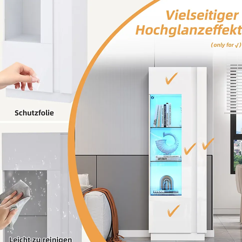 Vitrine Haute avec Éclairage LED Blanc Brillant, Moderne avec 3 Étages en Verre et 5 Espaces de Rangement, Blanc, 60x40x180 cm