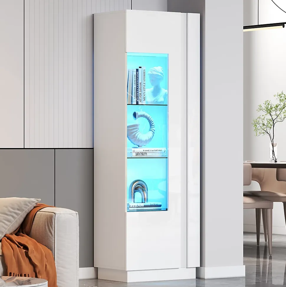 Vitrine Haute avec Éclairage LED Blanc Brillant, Moderne avec 3 Étages en Verre et 5 Espaces de Rangement, Blanc, 60x40x180 cm
