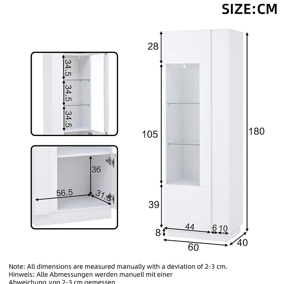 Vitrine Haute avec Éclairage LED Blanc Brillant, Moderne avec 3 Étages en Verre et 5 Espaces de Rangement, Blanc, 60x40x180 cm