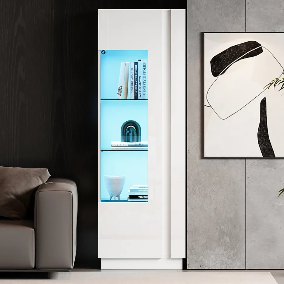 Vitrine Haute avec Éclairage LED Blanc Brillant, Moderne avec 3 Étages en Verre et 5 Espaces de Rangement, Blanc, 60x40x180 cm