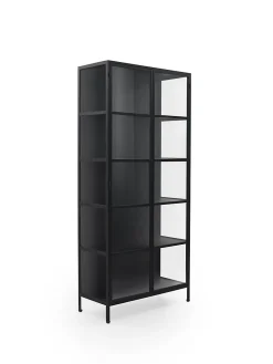Vitrine haute avec portes et côtés en verre structure métallique noire