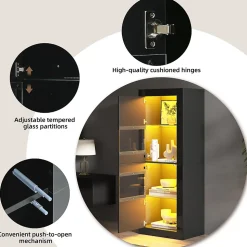Vitrine Haute Brillante avec LED et Étagères en Verre Réglables, Meuble de Salon en Panneaux de Particules - 61x42x162 cm - Noir