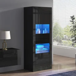 Vitrine Haute Brillante avec LED et Étagères en Verre Réglables, Meuble de Salon en Panneaux de Particules - 61x42x162 cm - Noir