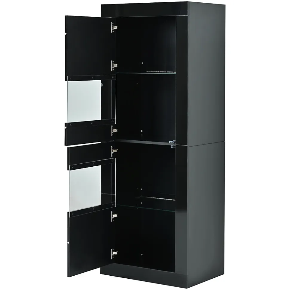 Vitrine Haute Brillante avec LED et Étagères en Verre Réglables, Meuble de Salon en Panneaux de Particules - 61x42x162 cm - Noir