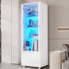 Vitrine laquée brillante avec éclairage LED - Porte en acrylique+1 tiroir - Étagères en verre - Panneaux de particules - Blanc