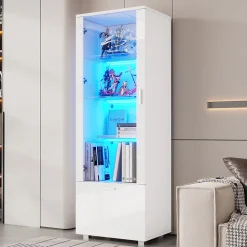 Vitrine laquée brillante avec éclairage LED - Porte en acrylique+1 tiroir - Étagères en verre - Panneaux de particules - Blanc