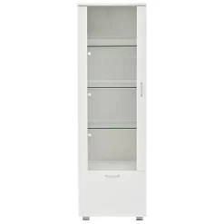 Vitrine laquée brillante avec éclairage LED - Porte en acrylique+1 tiroir - Étagères en verre - Panneaux de particules - Blanc