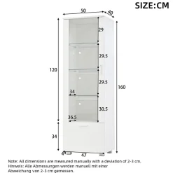 Vitrine laquée brillante avec éclairage LED - Porte en acrylique+1 tiroir - Étagères en verre - Panneaux de particules - Blanc