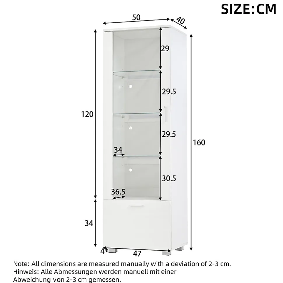 Vitrine laquée brillante avec éclairage LED - Porte en acrylique+1 tiroir - Étagères en verre - Panneaux de particules - Blanc