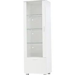 Vitrine laquée brillante avec éclairage LED - Porte en acrylique+1 tiroir - Étagères en verre - Panneaux de particules - Blanc
